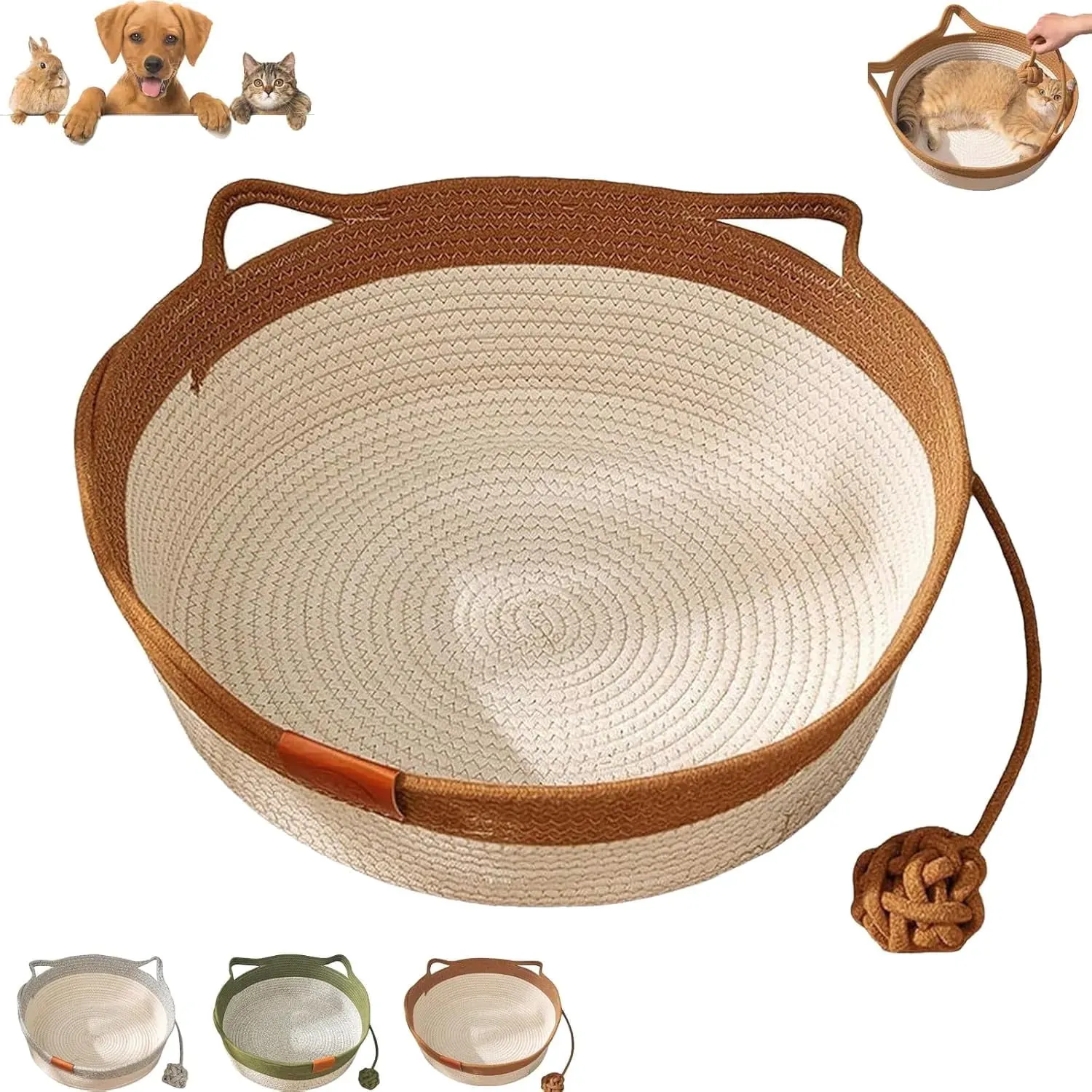 Cotton Rope Cat Bed with Tail Toy - Washable Woven Nest in Three Sizes (2-Pack)