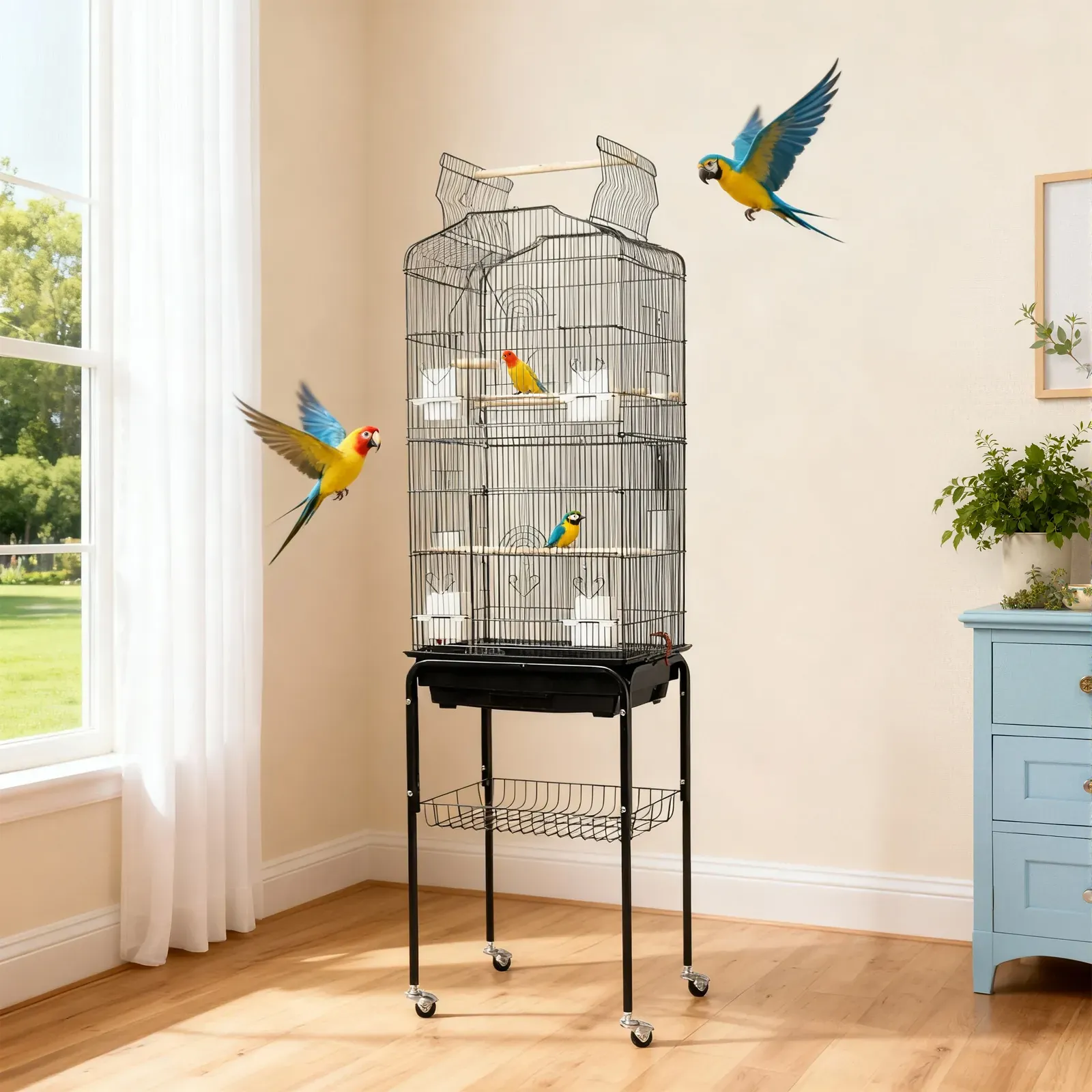 59.5 Inch Flight Cage for Cockatiels and Parakeets - Pull-Out Tray and Casters